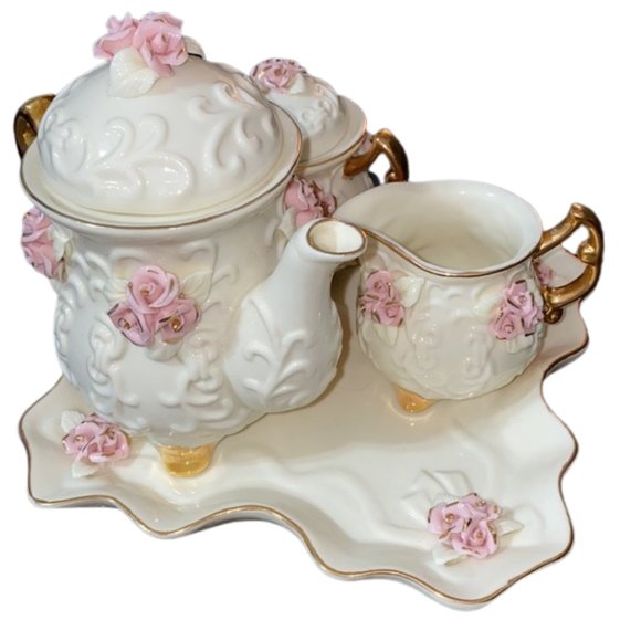 Vintage Handmade Porcelain Tea Set Pink Roses and 10K Gold Trim - Picture 5 of 16